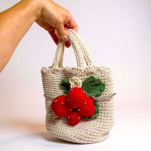 ✨ Handcrafted Cream Crochet Bag with Red Accents